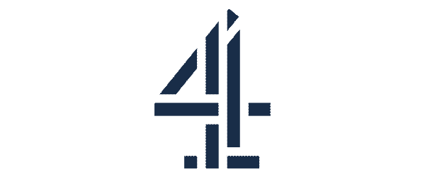 Stylized number 4 logo with dark blue geometric shapes on a transparent background.